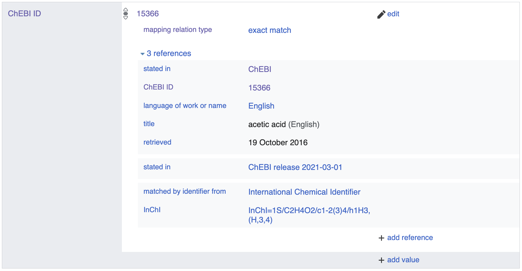 A screenshot of the ChEBI mapping section of webpage for Wikidata's acetic acid record